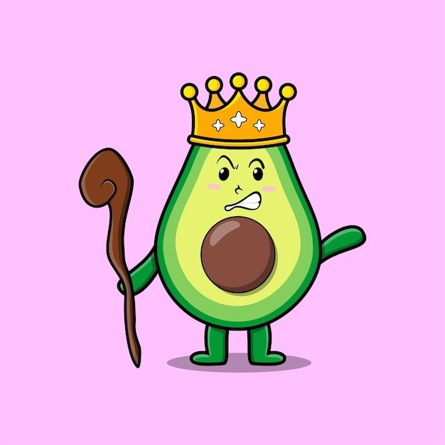 Mascotte D'avocat De Dessin Animé Mignon En Tant Que Roi Sage Avec Couronne Dorée Et Bâton En Bois