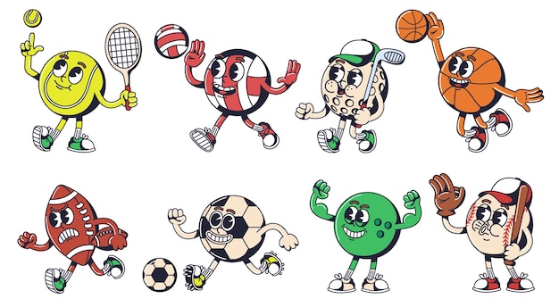 Vecteur mascotte de balle de sport de dessin animé personnages d'équipement sportif pour le tennis, le basket-ball, le golf et le volley-ball