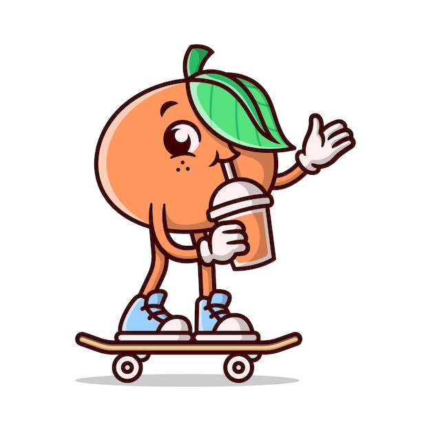 Vecteur mascotte de bande dessinée orange mignon est debout sur une planche à roulettes et boire une tasse de jus d'orange