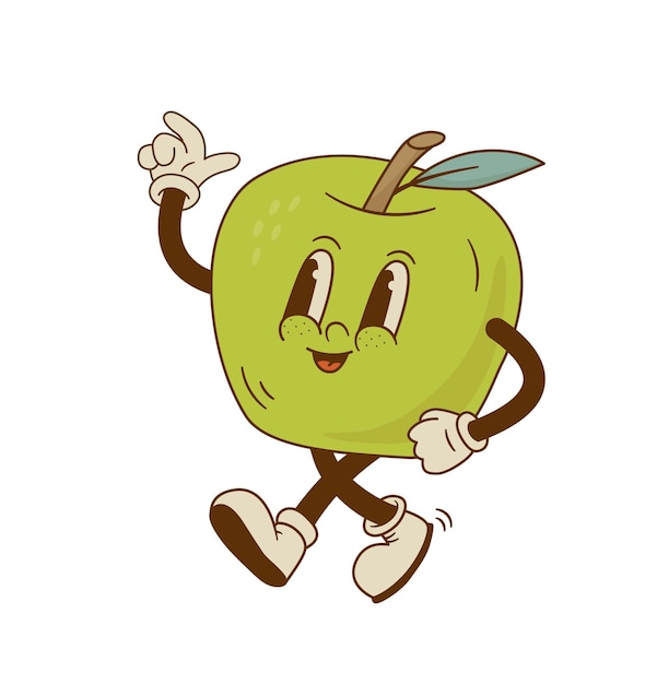 Vecteur mascotte de bande dessinée de la pomme verte illustration vectorielle personnage de dessin animé rétro drôle de fruits