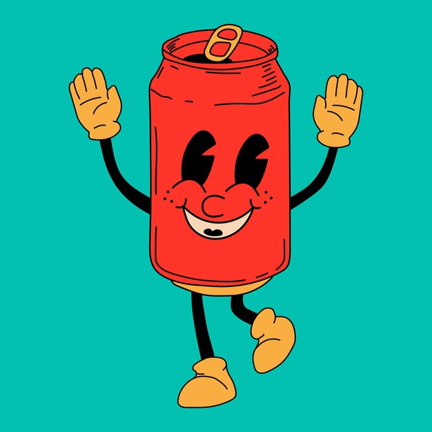 Vecteur mascotte de canette de soda rétro. personnage mignon dans le style de dessin animé rétro des années 60 des années 70. vecteur dessiné à la main