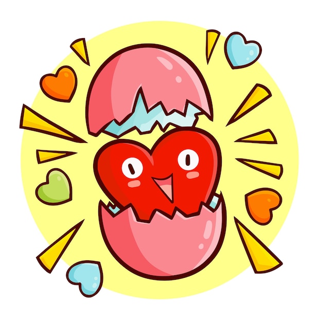 Mascotte De Coeur Drôle Et Mignon Sortant D'un Oeuf Dans Un Style Doodle Kawaii