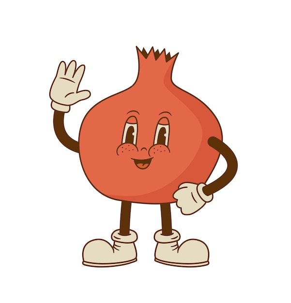 Vecteur la mascotte comique de la grenade illustration vectorielle drôle de dessin animé rétro personnage de fruit de grenade