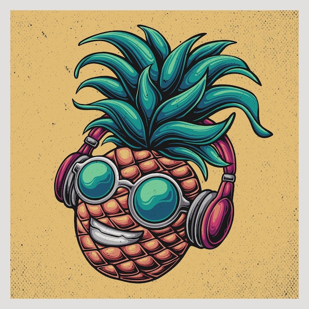 Mascotte De Dessin Animé D'ananas Appréciant La Musique