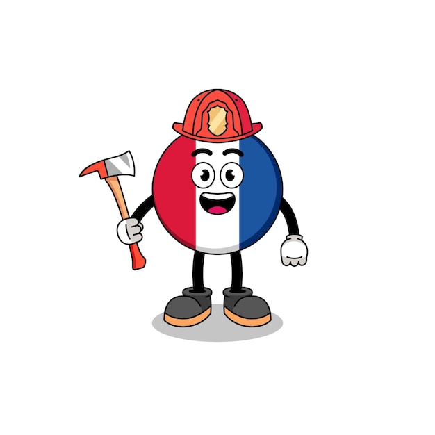 Vecteur mascotte de dessin animé de conception de personnage de pompier drapeau france