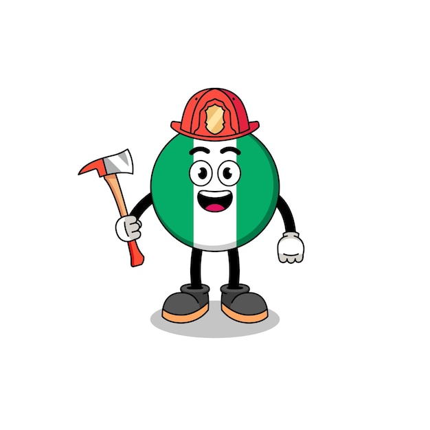 Mascotte De Dessin Animé De Conception De Personnage De Pompier Drapeau Nigeria