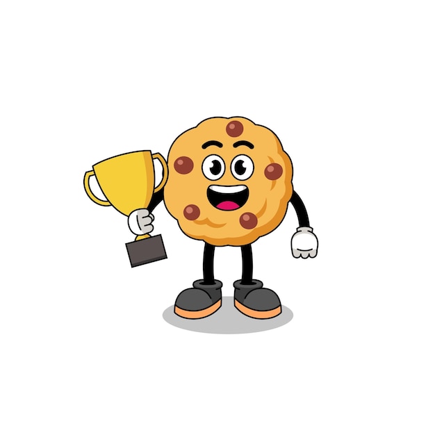 Mascotte de dessin animé de cookie aux pépites de chocolat tenant un design de personnage de trophée