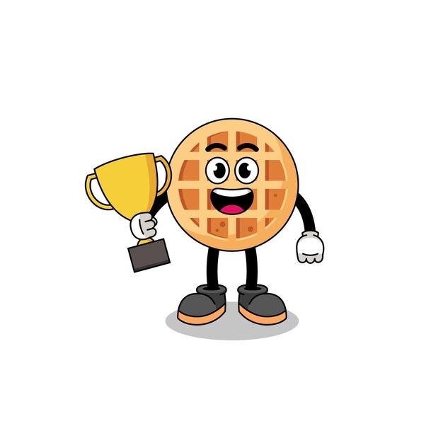 Mascotte de dessin animé de gaufre circulaire tenant un trophée