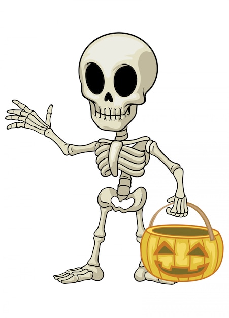 Vecteur mascotte de dessin animé squelette tenir la citrouille d'halloween