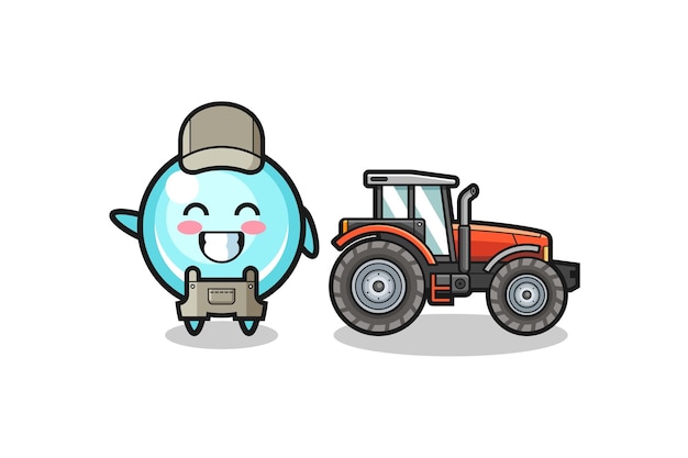 La mascotte du fermier à bulles debout à côté d'un tracteur, design mignon