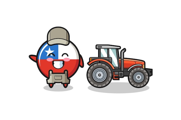 La mascotte du fermier du drapeau chilien debout à côté d'un design mignon de tracteur