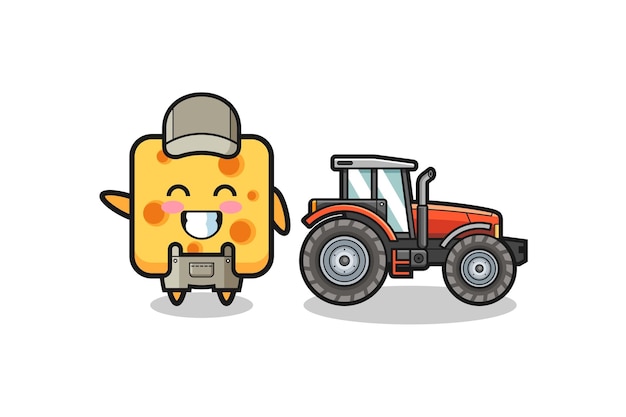 La Mascotte Du Fermier Fromager Debout à Côté D'un Design Mignon De Tracteur