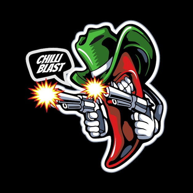 Vecteur la mascotte du piment chili avec une arme à feu à la main illustration vectorielle premium flat cartoon style