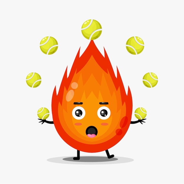 Mascotte de feu mignon jouant au tennis