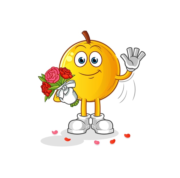 Mascotte de fruits Langsat avec bouquet. vecteur de dessin animé