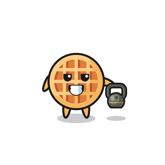 Mascotte De Gaufre Circulaire Soulevant Une Kettlebell Dans La Conception Mignonne De La Salle De Sport