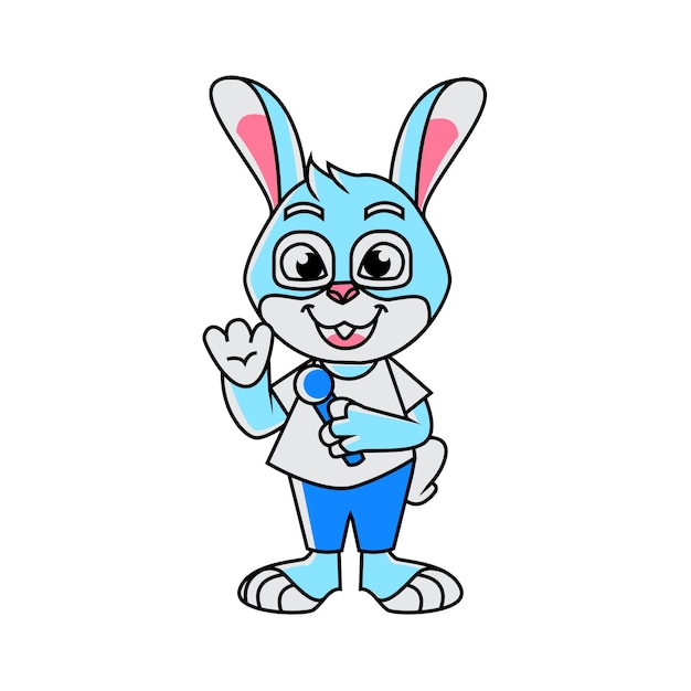 Vecteur une mascotte de lapin bleu clair faisant une comédie debout