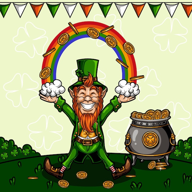 Vecteur mascotte de lutin de la saint-patrick avec illustration vectorielle arc-en-ciel