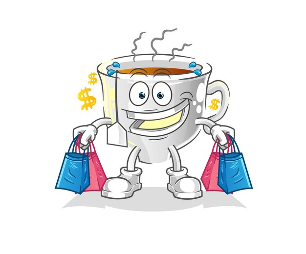 Vecteur mascotte de magasinage de tasse de thé. vecteur de dessin animé