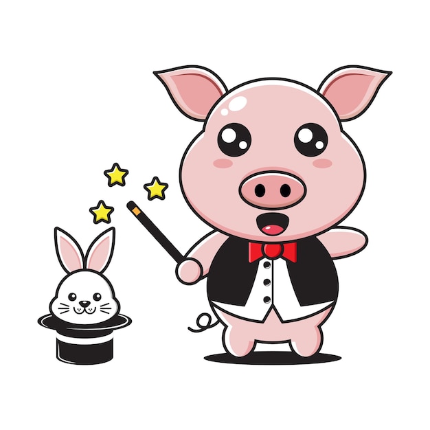 Mascotte De Magicien Cochon Mignon Avec Lapin