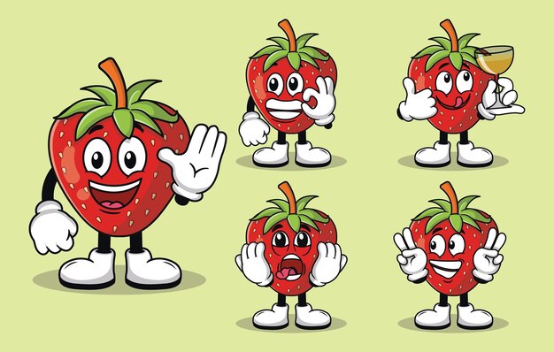 Mascotte mignonne de fraise avec divers types d'expressions collection de jeux