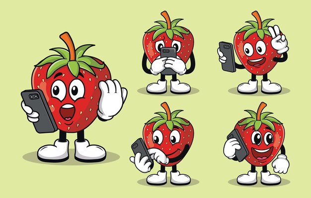 Mascotte Mignonne De Fraise Avec Divers Types D'expressions Collection De Jeux