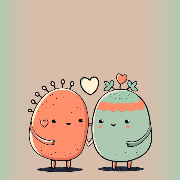 Mascotte mignonne personnage de couple de pommes de terre avec des coeurs sur fond vert et rouge pastel Concept d'amour ou de la Saint-Valentin