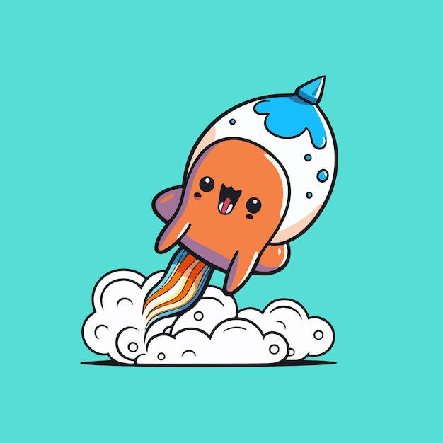 Vecteur mascotte mignonne pour une fusée volante en forme de pieuvre qui tire un dessin animé plat de feu