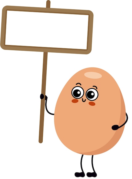 Vecteur une mascotte d'œufs drôle tenant un panneau blanc