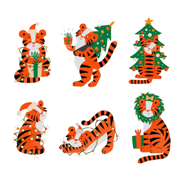 Mascotte De Personnage Animal Tigre De Noël Du Nouvel An 2022. Tigres En Bonnet De Noel, Donne Un Coffret Cadeau Pour Arbre De Noël. Chat De Bande Dessinée Pour Le Symbole De Clipart De Calendrier. Bonne Année Illustration Vectorielle Plane.