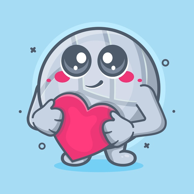 Mascotte De Personnage De Ballon De Volley-ball Drôle Tenant Un Signe De Coeur D'amour Dessin Animé Isolé Dans Un Style Plat