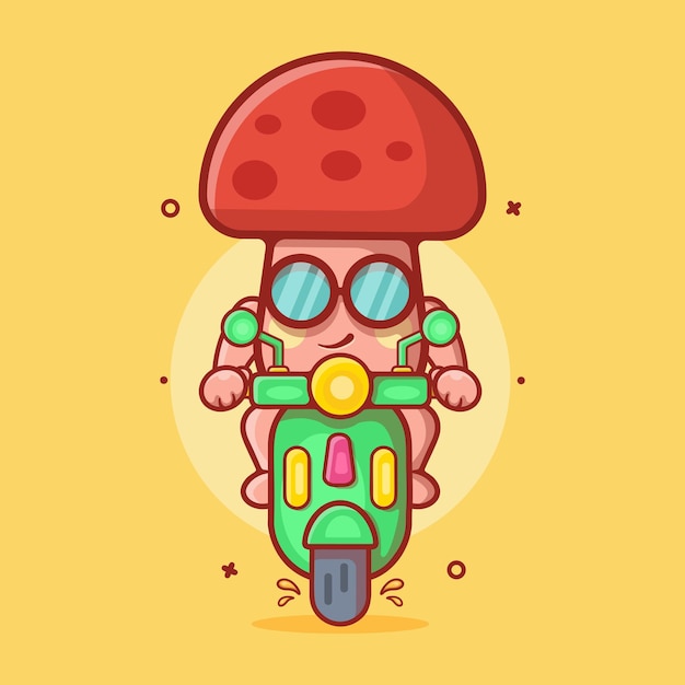 Mascotte De Personnage De Champignon Cool équitation Scooter Moto Dessin Animé Isolé Dans Un Style Plat