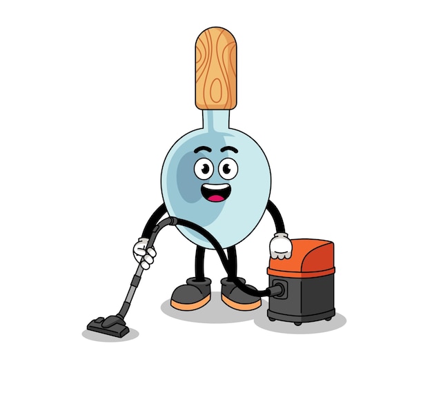 Mascotte de personnage de cuillère de cuisine tenant un aspirateur