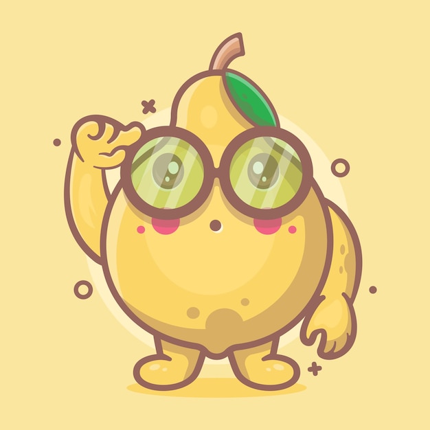 Mascotte De Personnage De Fruit De Coing Intelligent Avec Expression De Pensée Dessin Animé Isolé Dans Un Style Plat