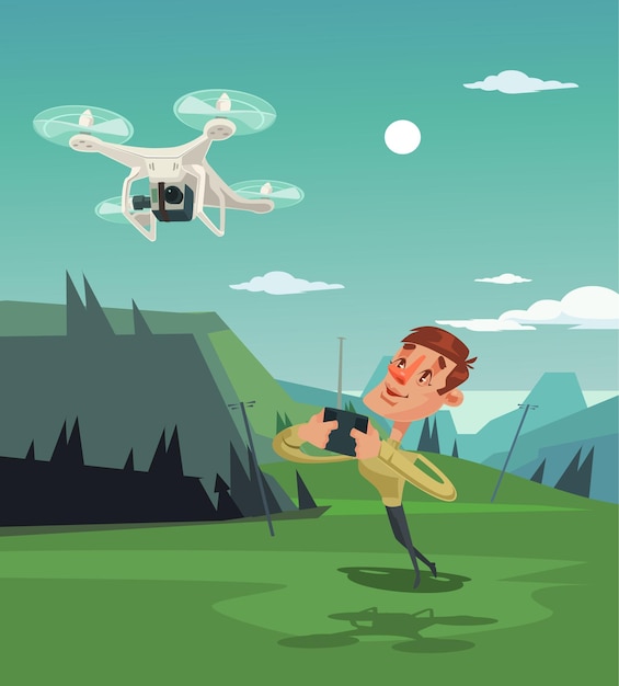 Mascotte De Personnage Heureux Homme Souriant Jouant Avec Un Drone.