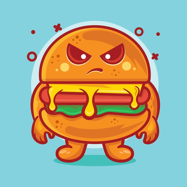 Mascotte de personnage de nourriture hamburger sérieux avec expression de colère dessin animé isolé dans un style plat