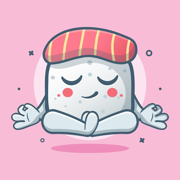 Vecteur mascotte de personnage de nourriture sushi calme avec pose de méditation yoga dessin animé isolé dans un style plat