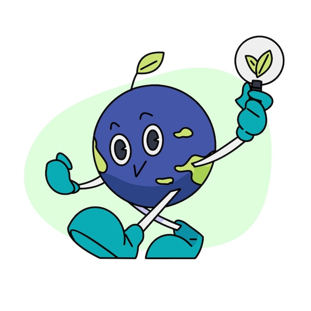 Mascotte de personnage de planète Terre mignonne heureuse vintage avec une ampoule tenant un coeur à l'intérieur de l'illustration vectorielle