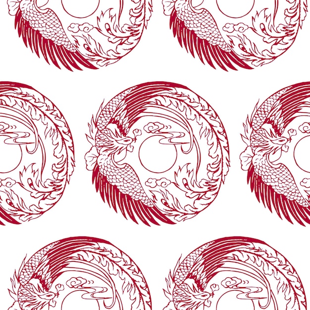 Mascotte De Phénix Rouge Chinois Modèle Sans Couture Vectoriel Texture Art Déco Vintage Idéal Pour La Conception De Cartes De Voeux Ou De Modèles De Toile De Fond Fond De Chine