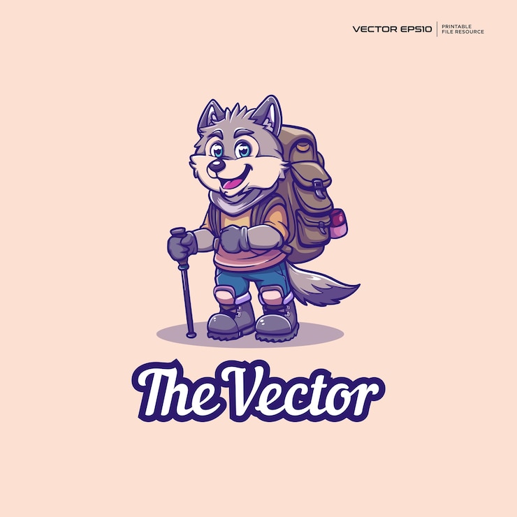 Vecteur une mascotte de randonnée de loup vecteur logo personnage illustration de dessin animé eps10