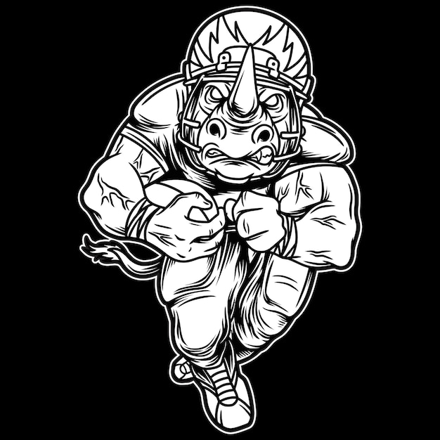 mascotte rhinocérosl football américain illustration noir et blanc