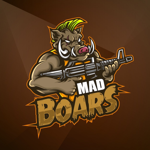 mascotte de sport logo design vecteur modèle esport sanglier porc sauvage porc fou