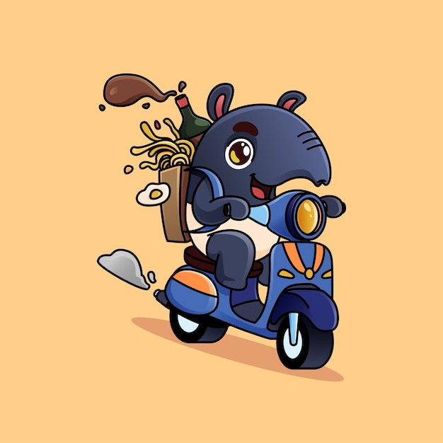 Vecteur une mascotte de tapir de dessin animé mignonne marchant avec un œuf de ramen et de la sauce une mascotte de dessin animé adorable