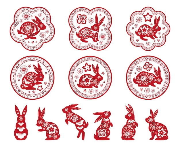 Mascottes De Lapins Rouges Horoscope Du Nouvel An Avec Jeu D'illustrations De Symboles Vectoriels De Fleurs