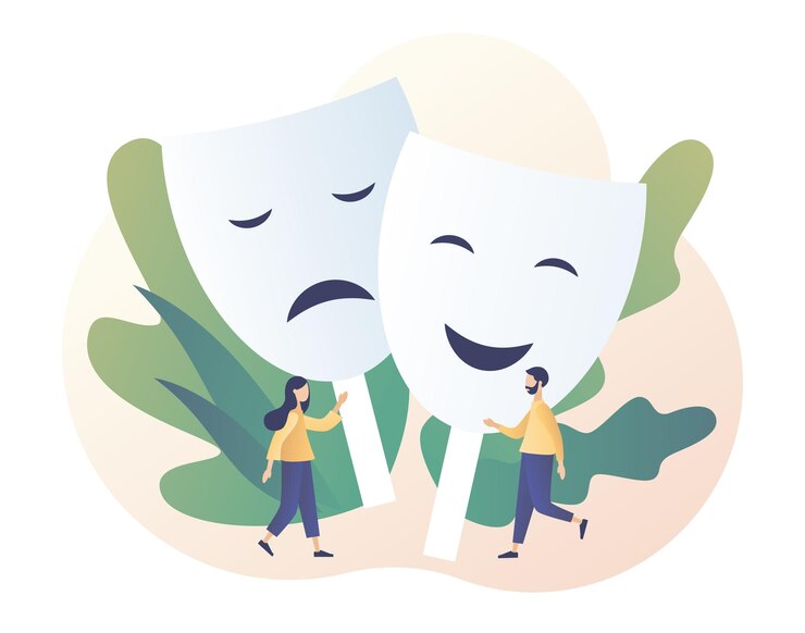 Masquage de vrais sentiments Psychologie Mascarade humaine De minuscules personnes avec de grands masques de carnaval avec des
