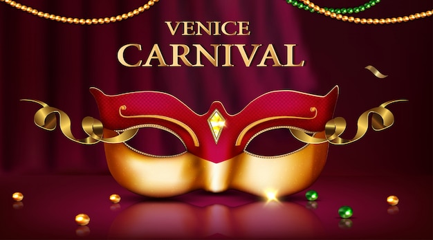 Vecteur masque de carnaval de venise avec diamants et éléments dorés