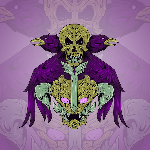 Vecteur masque de démon oiseaux corbeaux et crâne avec illustration d'épée