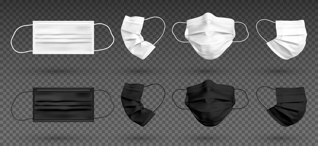 Masque facial de protection maquette blanche et noire ou masque médical. Pour protéger le coronavirus et l'infection. Ensemble de masque médical isolé sur fond transparent.