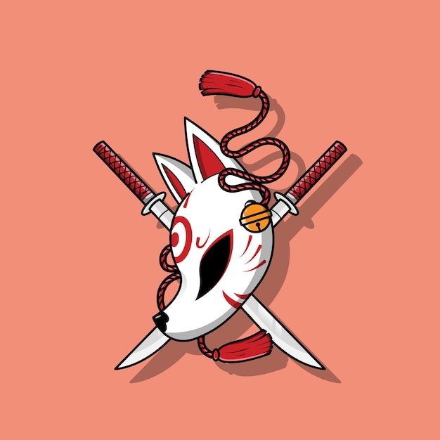 Masque Kitsune Japonais Avec Illustration Vectorielle épée Katana