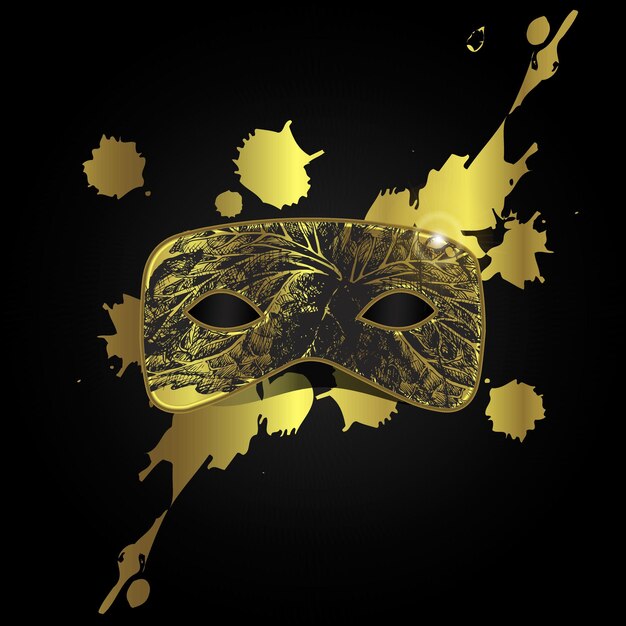 Vecteur masque magique d'or de vecteur avec le modèle noir sur le fond noir, éclaboussure d'or